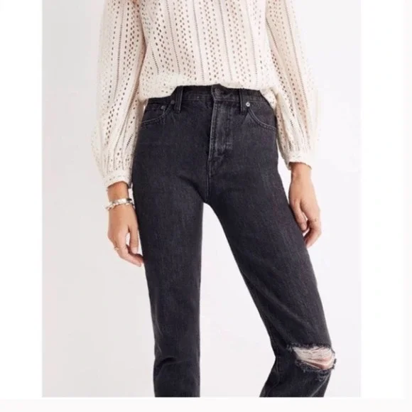 Madewell Perfect Vintage Jean in Roxstone Black Wash Knee-Rip Edition 28 - Picture 9 of 10